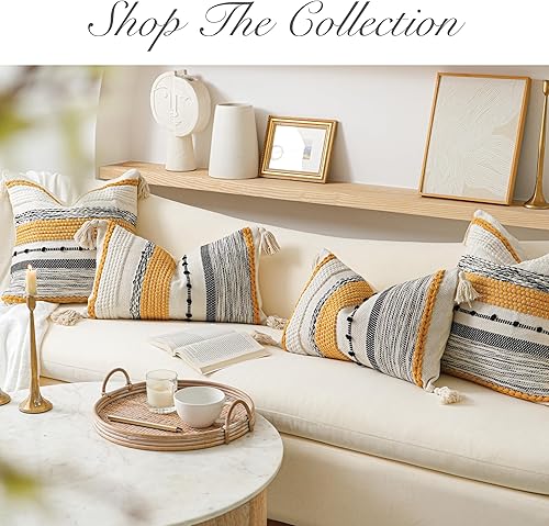 Miniatura 7 de Funda de almohada decorativa amarilla mostaza de 20 x 20 pulgadas, cuadrada, estilo bohemio, con borlas, cojín rural para sofá, dormitorio, sala de