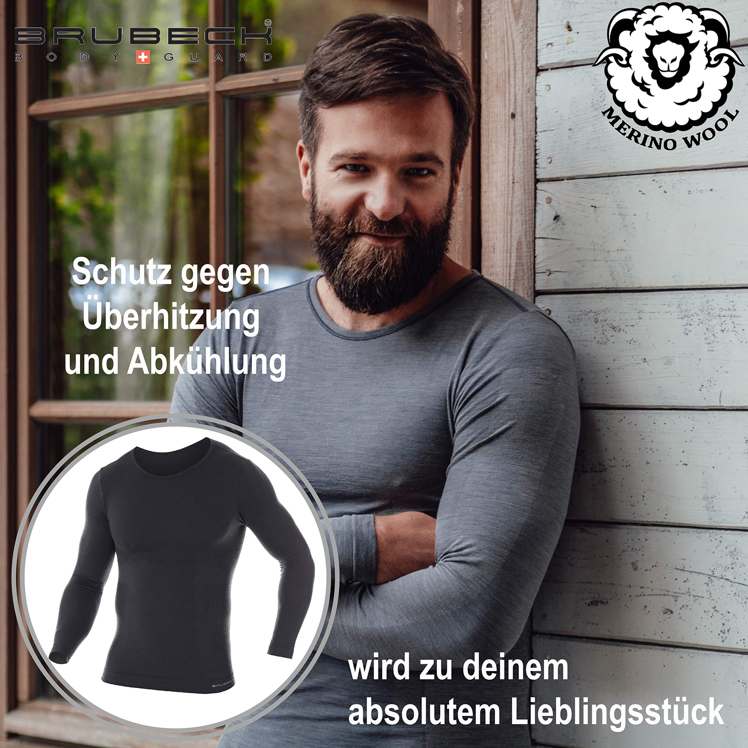 BRUBECK Camicia a Maniche Lunghe da Uomo | Maglietta Intima Funzionale | 41% Lana Merino | LS11600 | Grigio Scuro | L