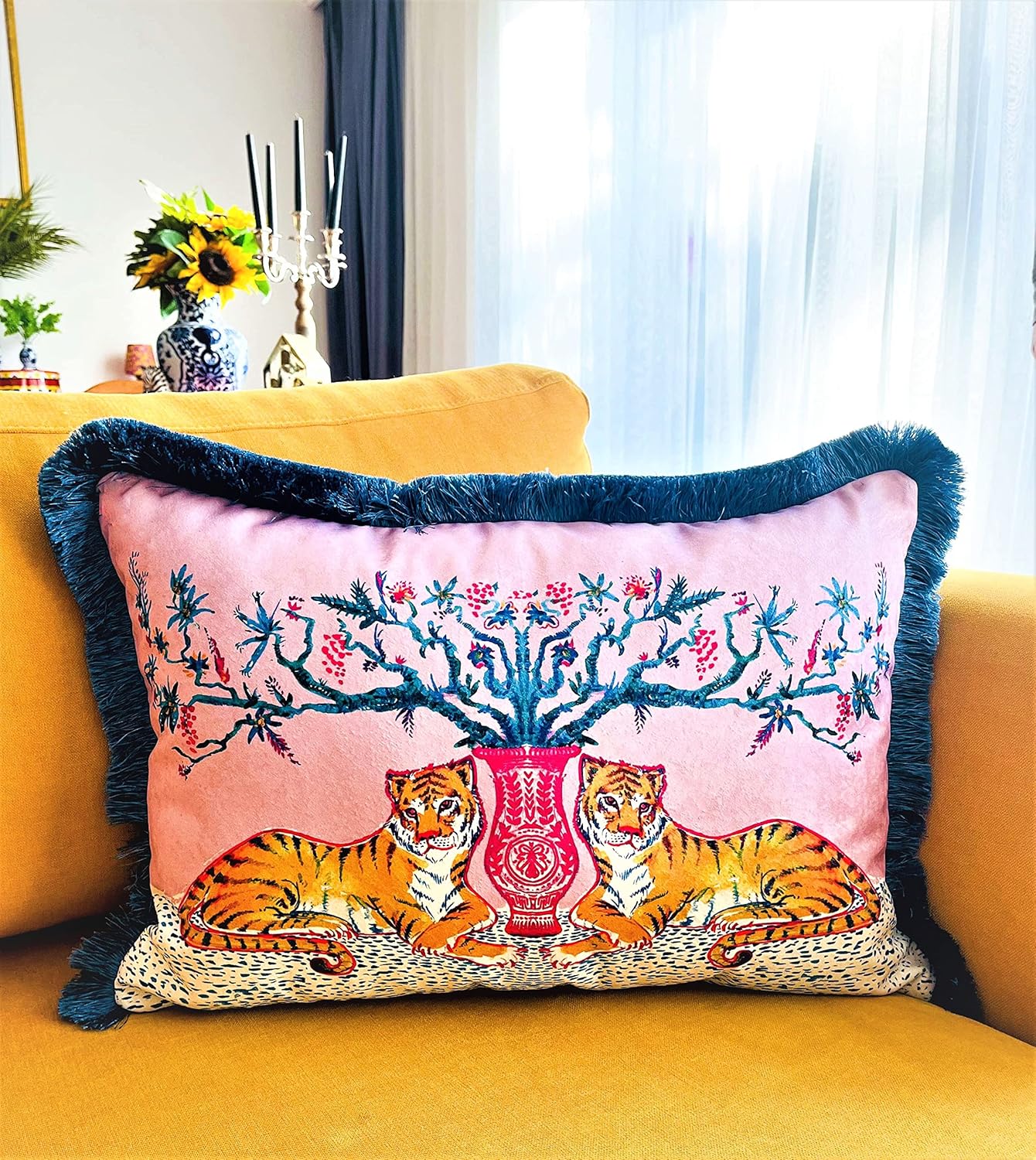 Tiger Pattern Throw Pillow Cover - Pink Velvet Pillow Case - Decorative Petrol Blue Tassel Cushion - Unique Home Decor Pillow - Animal Print Pillow