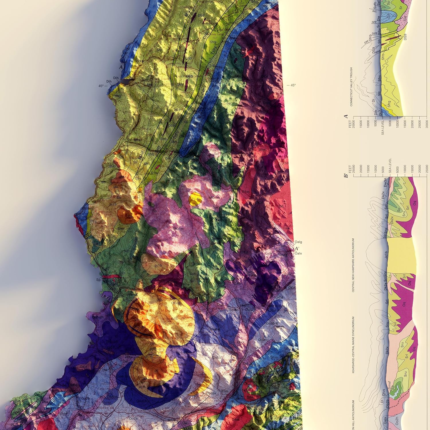 Muir Way New Hampshire 1997 Shaded Relief Map - Flat 2D Paper Print - Shaded 3D Illusion - Gallery Quality Fine Art Paper & Inks - 100% Cotton & Acid-Free - Made in USA -24” x 16” 2D Print -No Frame