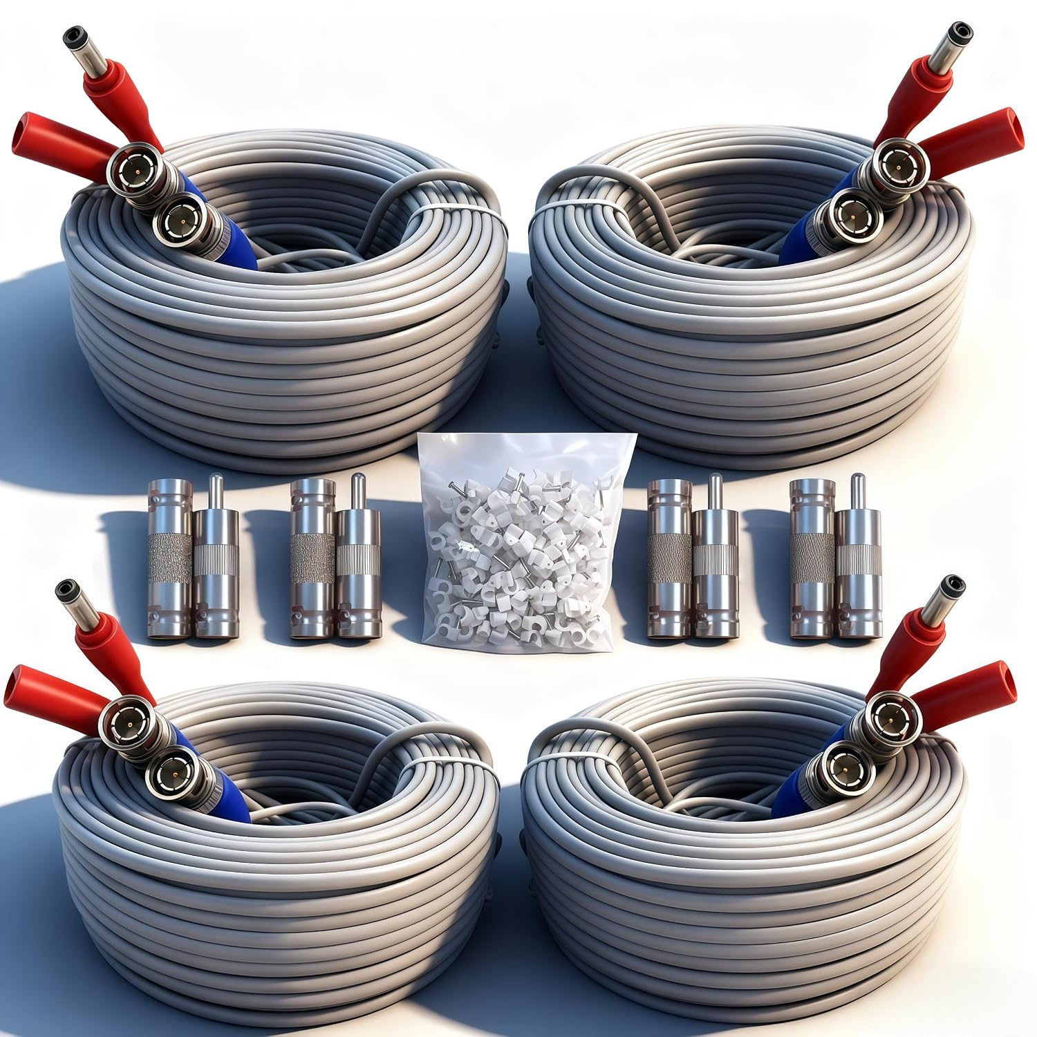 4PCS 100ft/30m Integrated BNC Video Power Cable ext. for Security Cameras, CCTV, Surveillance & DVR installs. Free 8×BNC connectors + 100 Wire Clips.