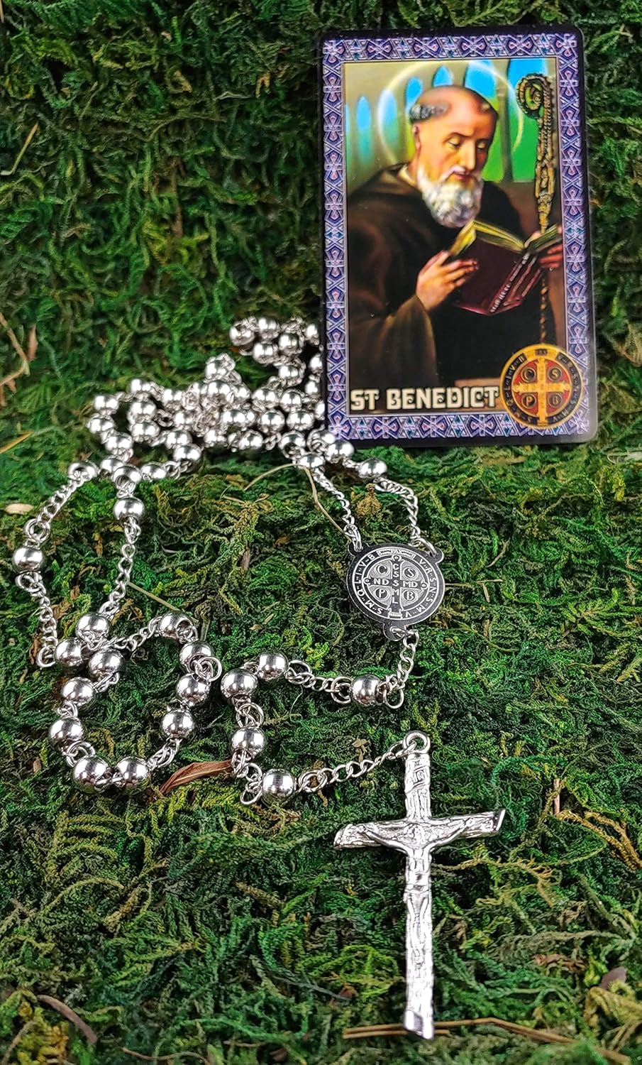 Miniatura 6 de Rosario católico cuentas collar de oración acero inoxidable San Benito medalla de 28 pulgy 6 mm 24 pulg y 6 mm o 18 pulg y 4 mm