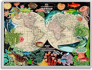 Stupell Industries Vintage World Hemisphere Map Vibrant Marine Animal Illustrations Grey Framed Wall Art, 14 x 11, Multi-Color