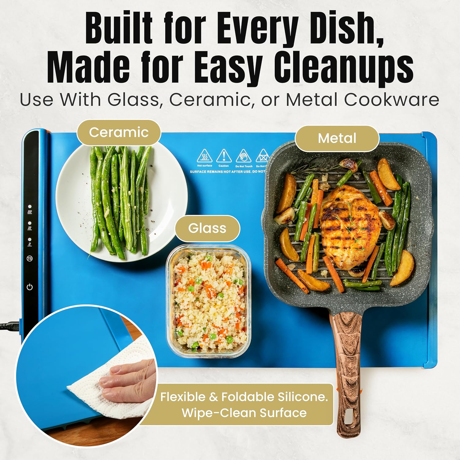 Food Warming Mat for Countertop – 26"x15" Electric Warming Mat for Food with 3 Heat Levels, Smart 4 Hours Auto Shut-Off, Compact Anti-Slip Silicone Roll-Up Warming Tray for Parties & Gatherings– Blue