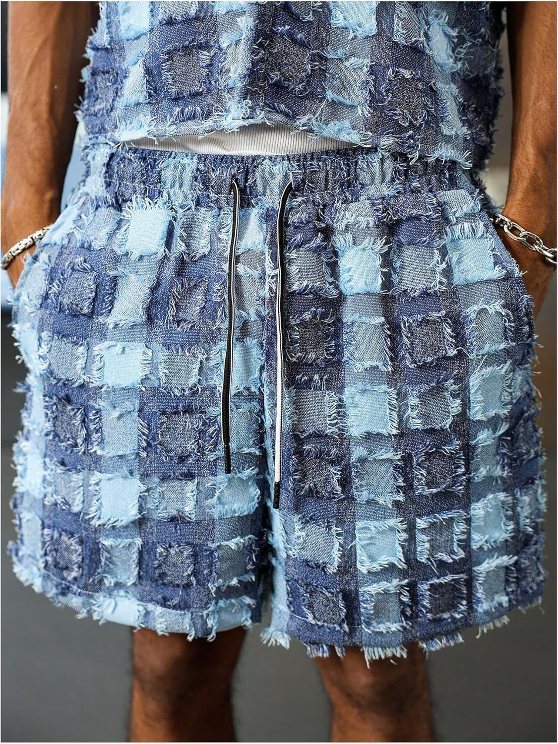 RoseSeek Men's 2 Piece Summer Outfits Plaid Frayed Trim Button Down Shirts with Wide Leg Shorts Casual Outfit