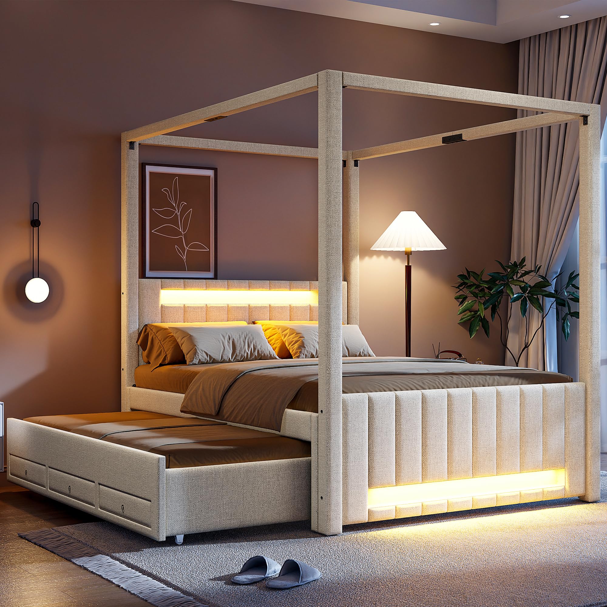 Generico Lit à baldaquin rembourré 140x200 cm avec lit gigogne et trois tiroirs, éclairage LED, beige (Beige)