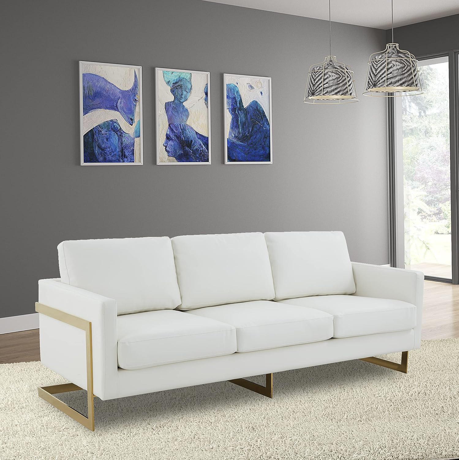 LeisureMod Lincoln 83” Mid-Century Modern Leather Sofa Couch, Upholstered 3-Seat Living Room Sofa with Gold Metal Frame, Contemporary Furniture (White)