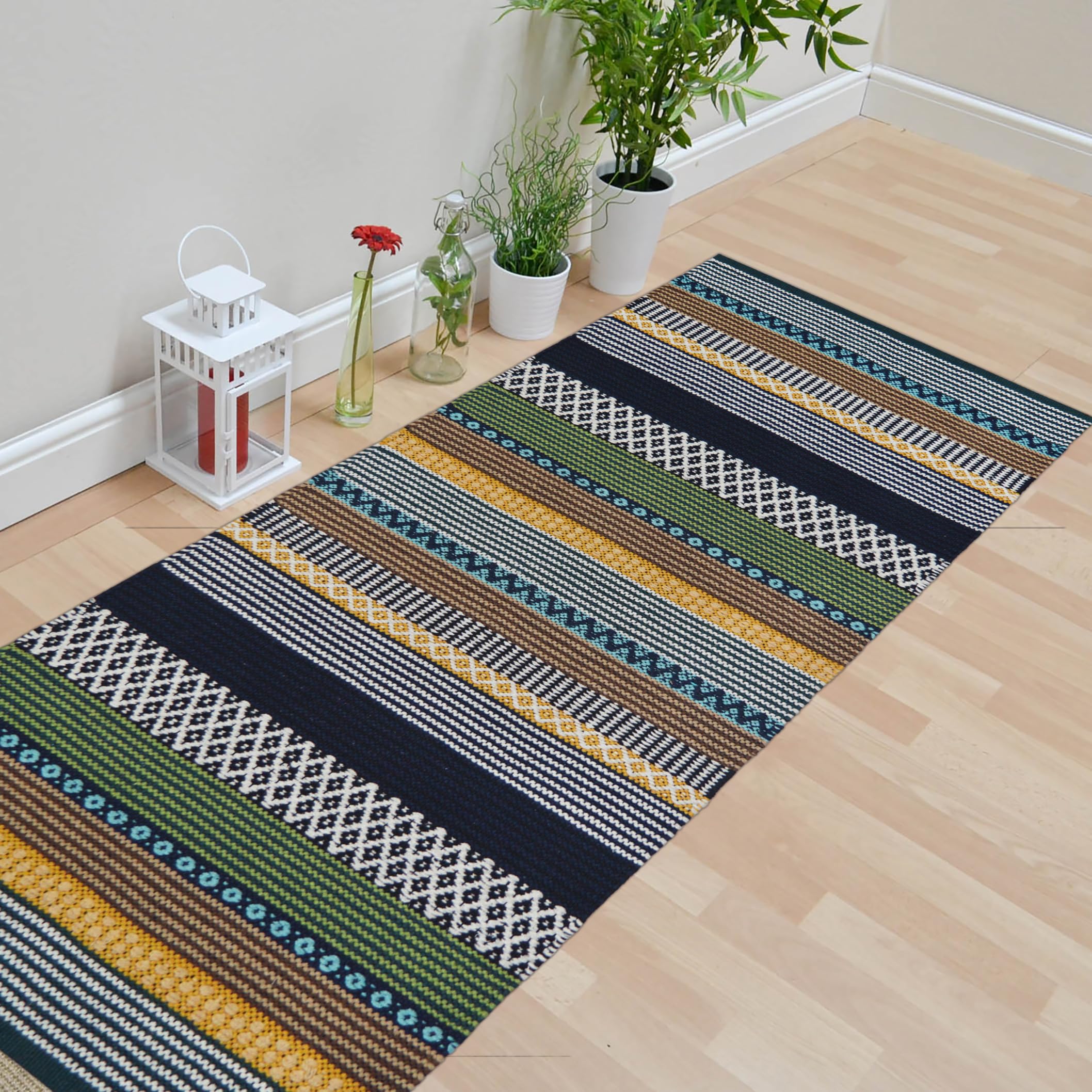 Runner for Living Room, Bedroom, Kitchen, etc. Premium Handwoven Rug Design, Size- 2X5 Feet. Anti Skid/Anti Slip (Green Stripes)