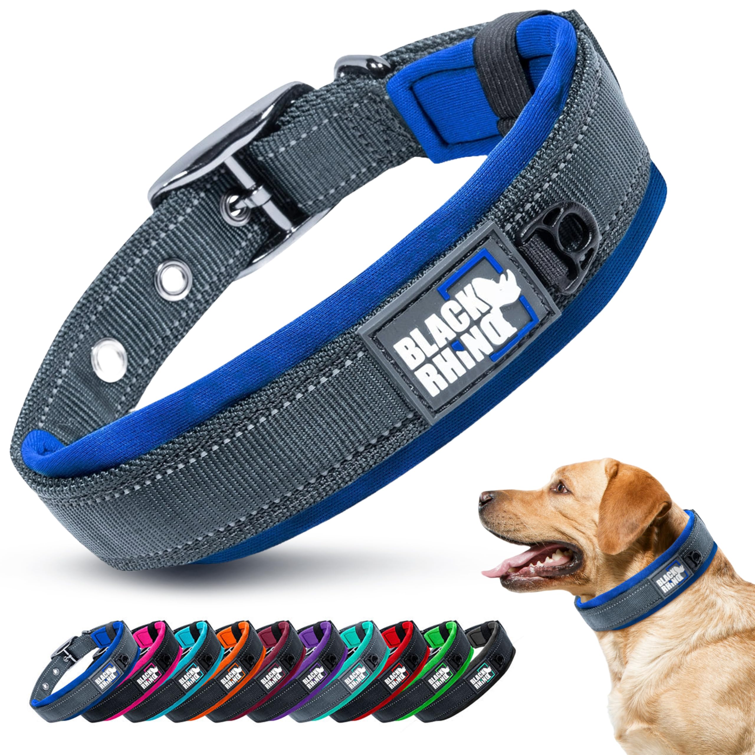Black Rhino - Collare per cani imbottito in neoprene ultra morbido, per tutte le razze, confortevole, resistente, regolabile, riflettente, impermeabile (L, Blu Sport/Nero)