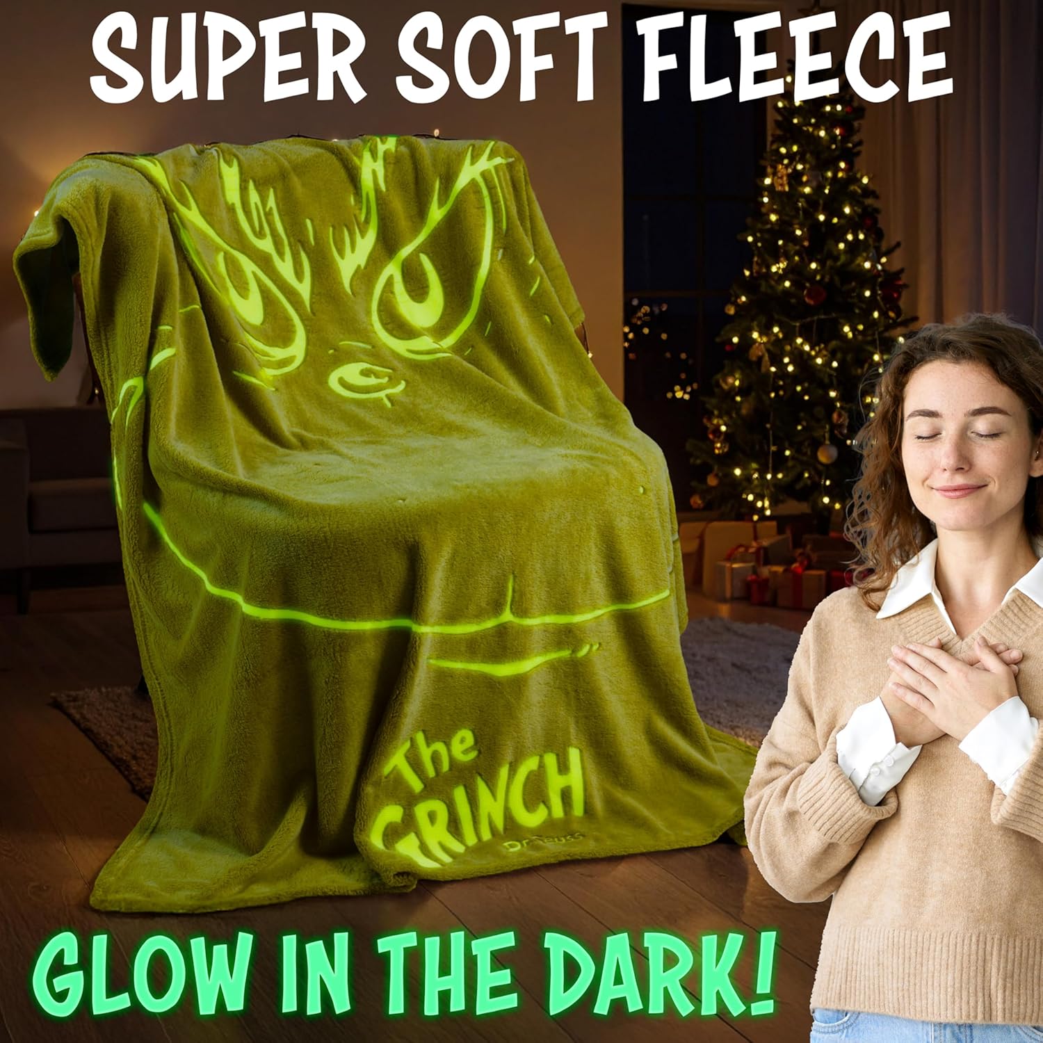 The Grinch Glow in The Dark Throw Blanket 51x59” for Kids Teens Adults, Soft Fleece Blanket for Sofa Bed, Cozy Warm Gifts for Kids (Green Grinch) - Image 2