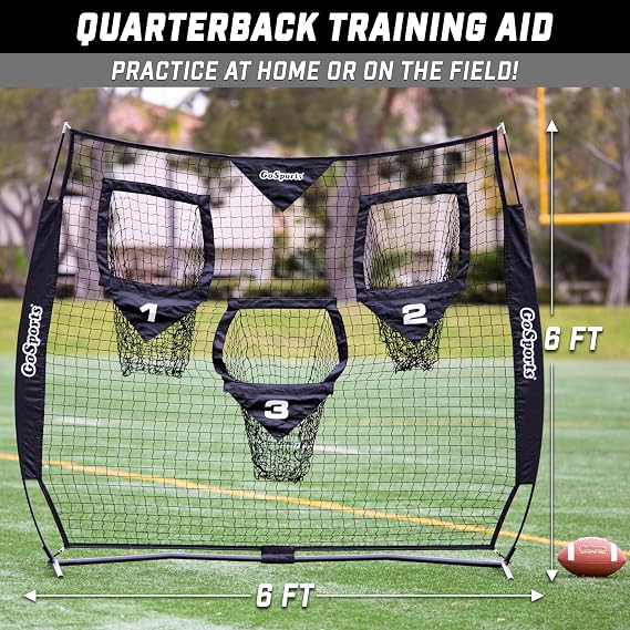 GoSports Football Throwing Net - 8 x 8 ft or 6 x 6 ft Nets - Choose Black or Red
