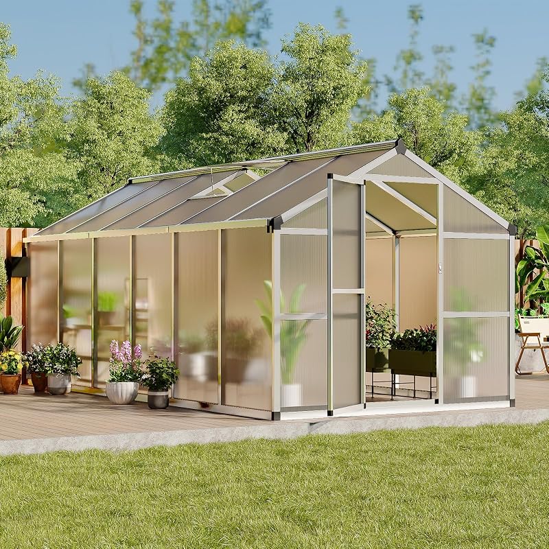 8X12 FT Greenhouse, Greenhouses for Outside, Aluminum Frame Polycarbonate Panels with Sliding Lockable Door and Ajustable Roof Vent, Spacious Walk-in Design for Backyard, Garden, Patio, Silver