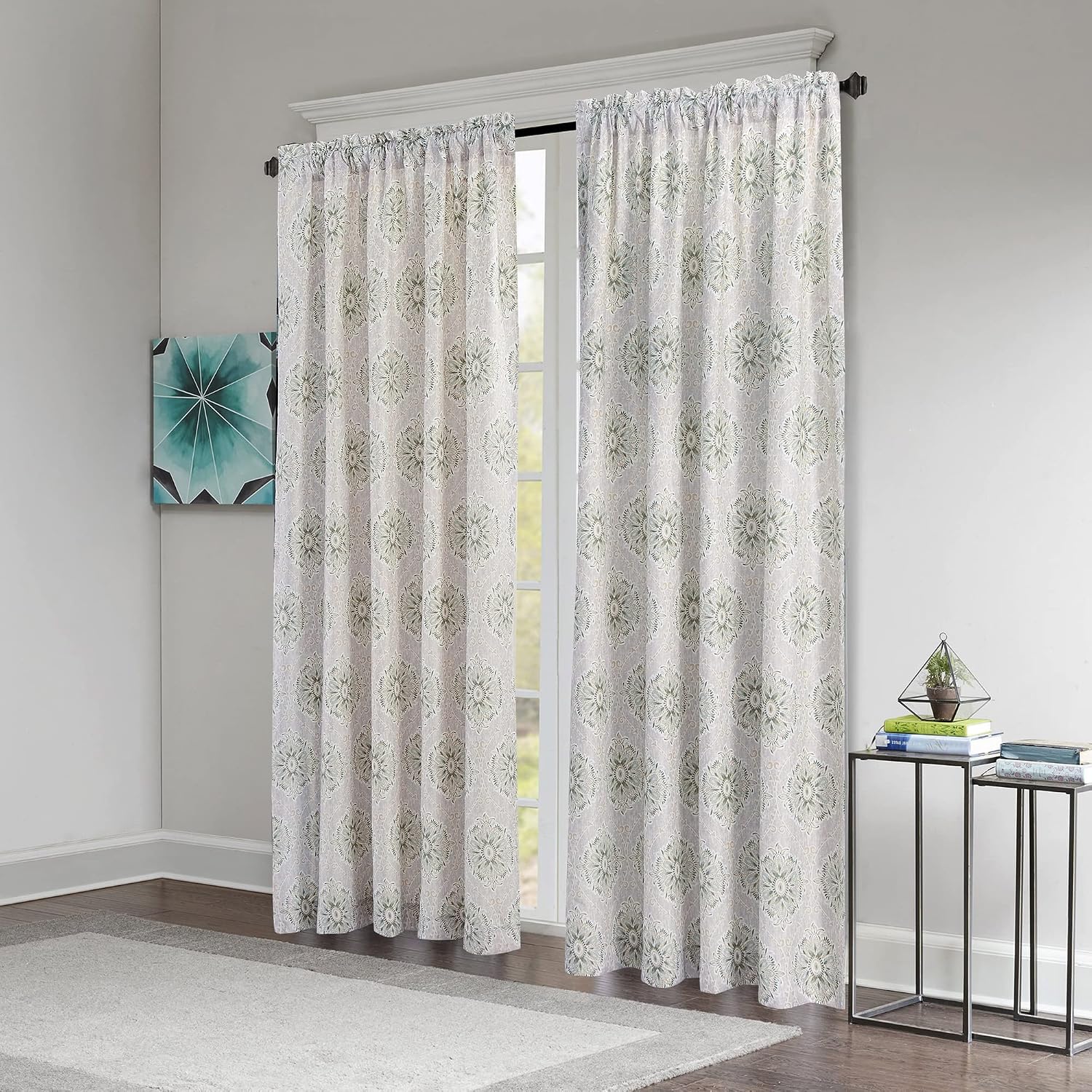 HESTIN 7 Piece Flower Stamp Microfiber Reversible Bedspread Floral Design Matching Light Filtering Curtains for All Season, Pastel Gray, Queen (90" x 90")