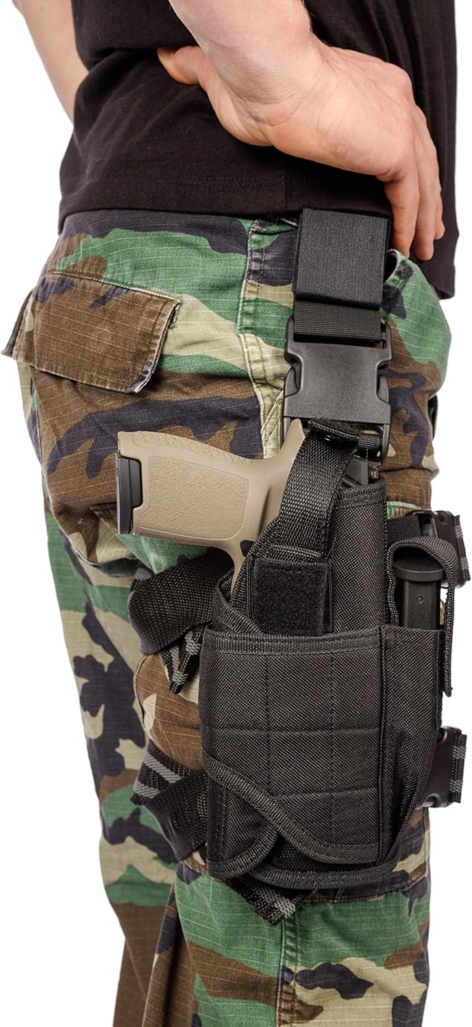 Leg Holster Wrap Around Thigh Design for Men and Women with Fully Adjustable and Removable Belt Hanger Strap, Black