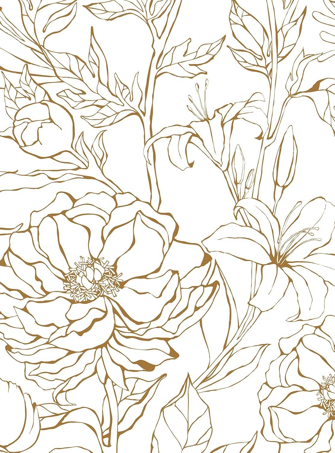 Simple Shapes Botanical Garden Hand Drawn Flowers Peel and Stick Wallpaper (2x9 Feet, Gold)