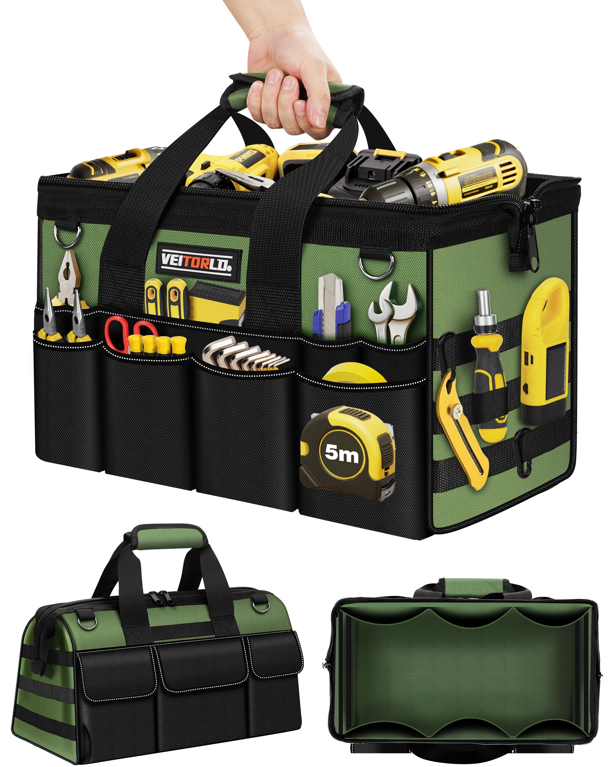 Photo 1 of 18-Inch Heavy Duty Tool Bag, 19-Pockets Tool Box Organizer, Portable Toolbag W/Soft Handle for Organized Storage, Mechanic Gifts for Men Dad Husband Fathers Day, Wide Mouth Electrician Toolbox, Green