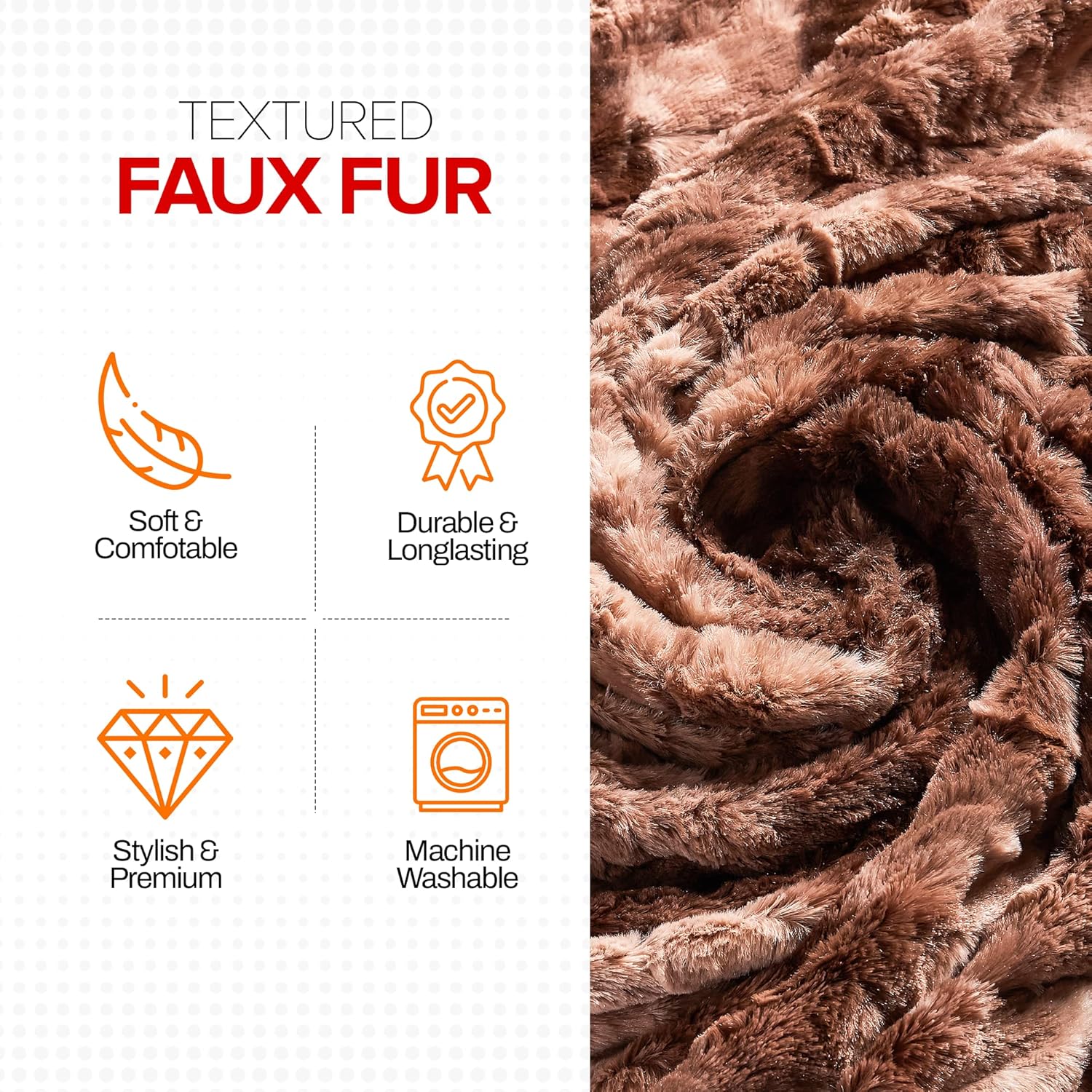 Cheer Collection Faux Fur Throw Blanket for Couch, Beds, Bedroom and Living Room - Ultra Soft and Cozy, Elegant Home Decor, Stylish Accent Blanket - 50" x 60", Brown & White