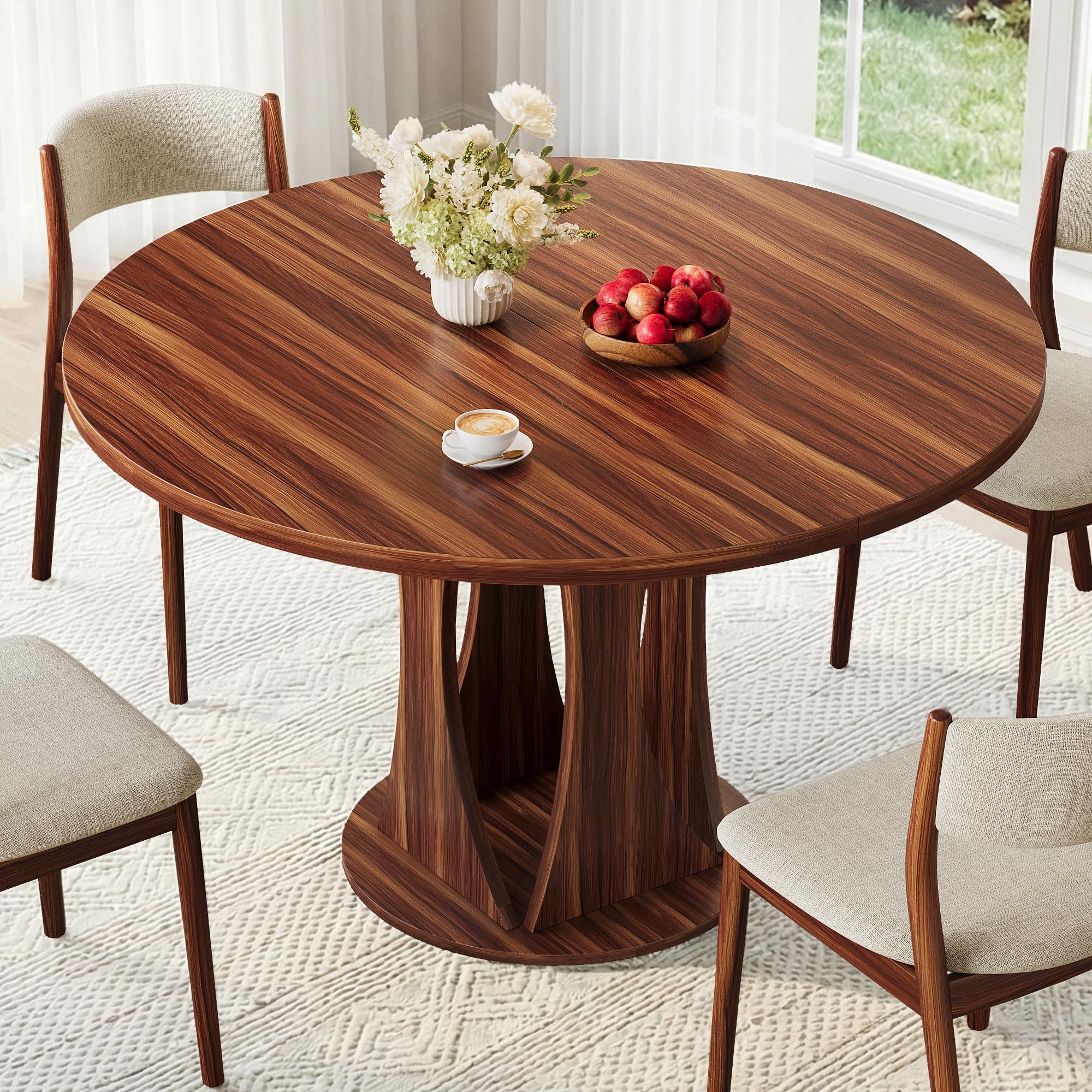- iPormis Round Dining Table, 47'' Kitchen Dinner Table for 4-6, Dining Room Accent Furniture with Wooden Tabletop and Geometric Arcs Base for Home, Kitchen, Living Room, Office, Walnut