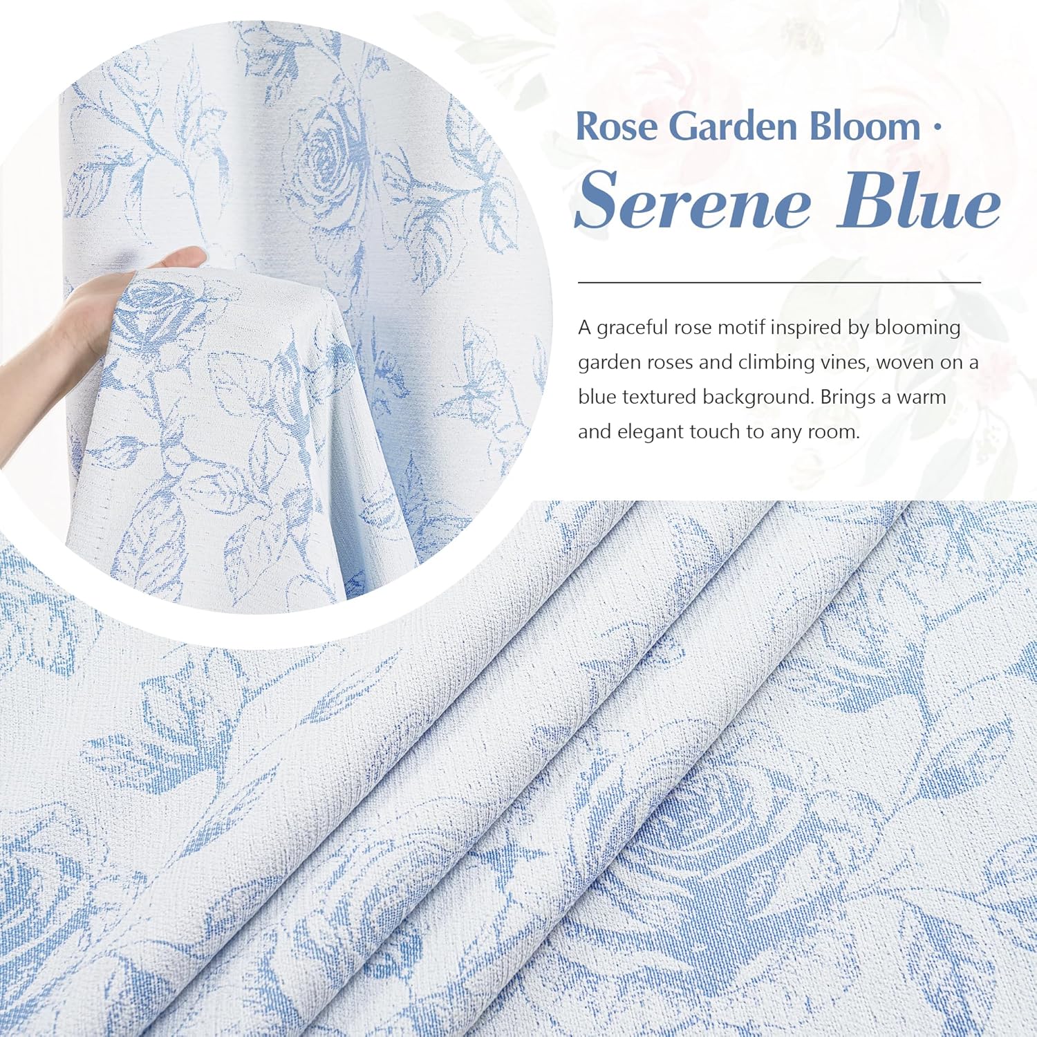 FMFUNCTEX Blue Floral Jacquard Curtains for Bedroom, Rose Flower Patterned Curtains 84 Inches Long Light Filtering Drapes for Living Room, Double Sided Design Drapes Grommet Top 2 Panles - Image 5