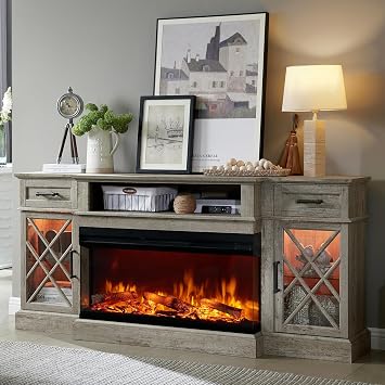 OKD 3-Sided Glass Farmhouse Fireplace TV Stand - Highboy Entertainment Center with Glass Door Storage Cabinet, 70 Large TV Stands with Electric Fireplace, Light Rustic Oak