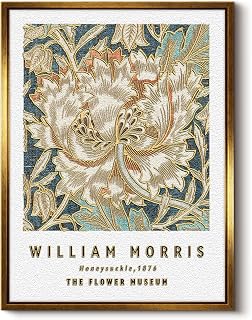 Embossed Gold Foil Lines William Morris Honeysuckle 1876 Framed Canvas Wall Art, 12x16 Botanical Floral Print Sandstone Textured 3D Artwork, Museum Style Vintage Modern Home Office Decor