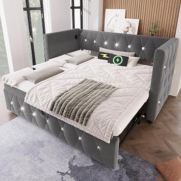 Miyemo Daybed with Pull Out Trundle, 3ft Sofa Bed with Charging-Sations, Upholstered Single Bed Frame for Living Room and Bedroom, Velvet, 90 * 190cm, Grey, No Mattress