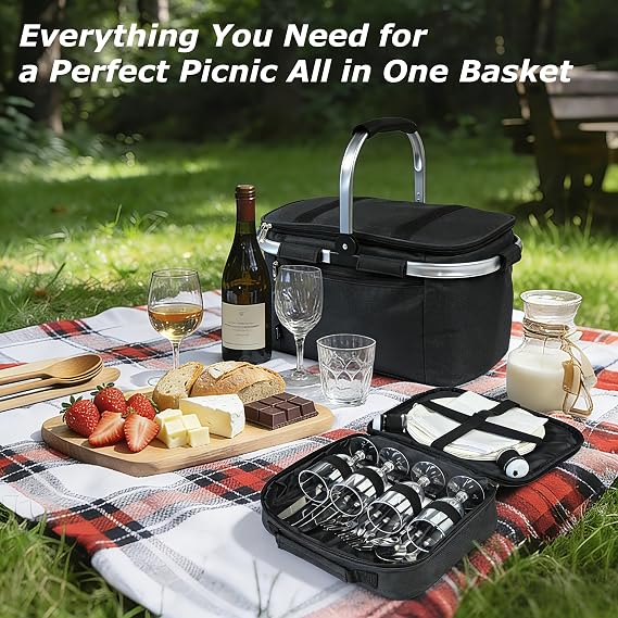 Tirrinia Insulated Picnic Basket 34L, Collapsible Cooler Basket with Cutlery Bag, Leakproof & Water Resistent Large Picnic Bag for Beach, Camping, Travel, Shopping