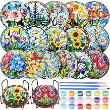 Reallnaive 8 Pcs Flower Paint by Numbers Kit for Adults Wood Floral Coaster