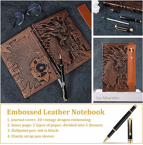 Miniatura 5 de FEIDIAO Cuaderno vintage DND Journal 3D de cuero en relieve con bolígrafo y funda para bolígrafo. Diario de viaje A5 hecho a mano, forro de tapa