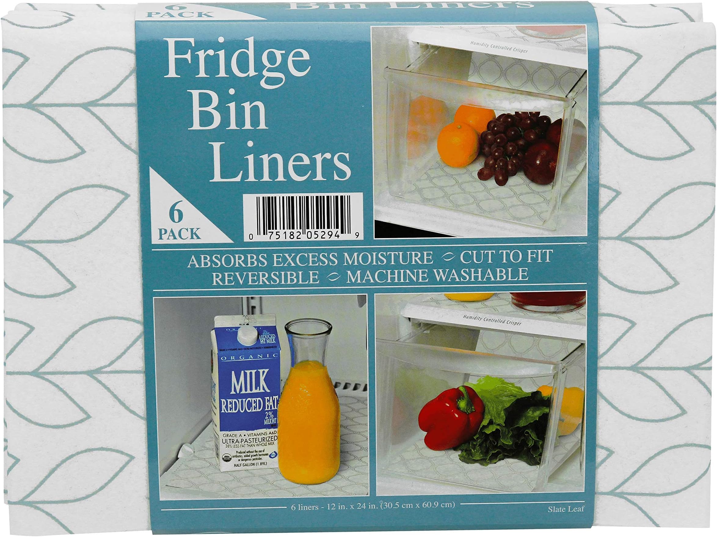 Refrigerator Liners, Shelf Liner, Absorbent Fridge Liners, 12 Inch x 24 Inch, Slate Leaf Print, 6 Pack