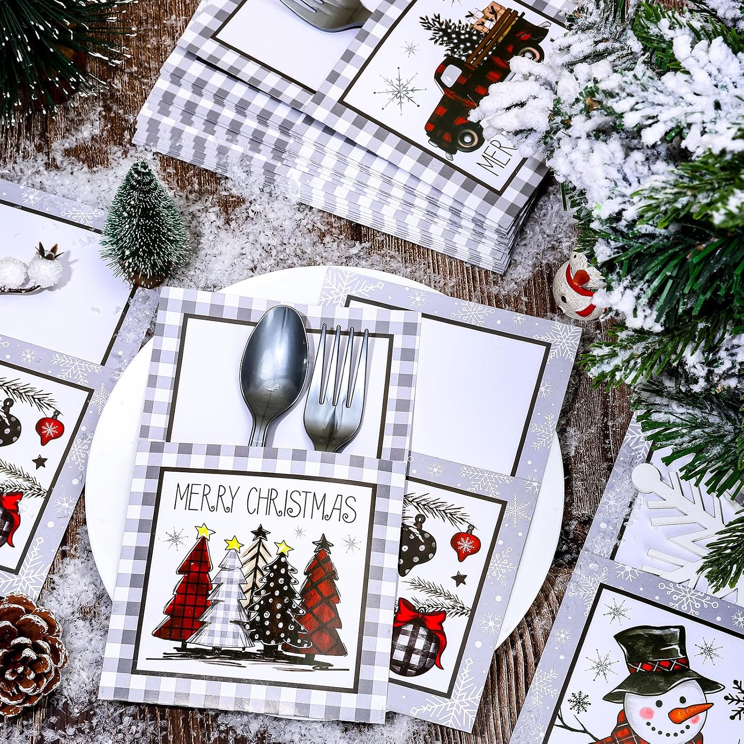 JarThenaAMCS 36Pcs Christmas Silverware Holders Rustic Xmas Tree Plaid Truck Snowman Cutlery Holders Winter Utensil Paper Bag Pocket for Farmhouse Party Supplies image 4