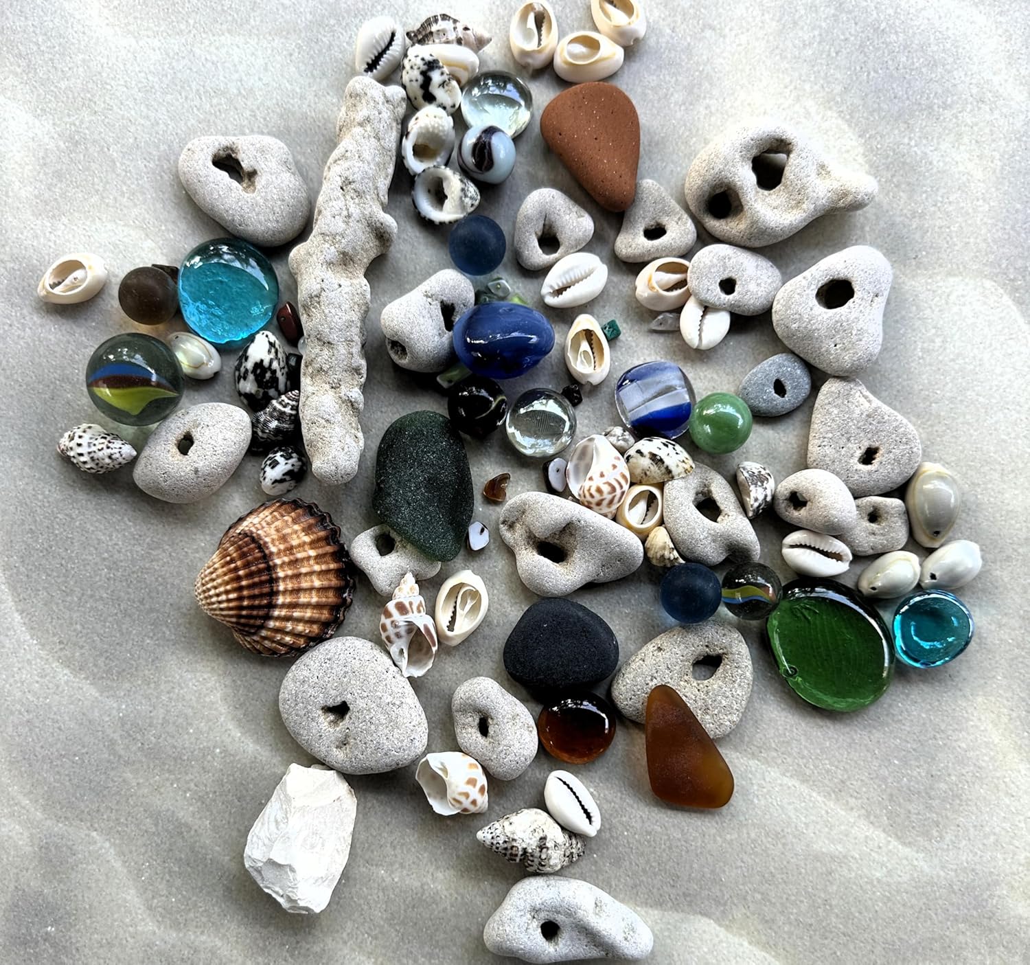 Generic Sea Treasure Crafting Kit: Shells, Sea Glass, Hag Stones, Pottery, Marbles and Driftwood Collection for DIY and Art Projects - 1 lb
