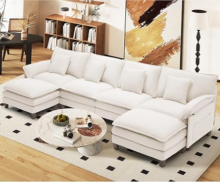 140" U Shaped Modular Sectional Cloud Couch, Modern Sofa with Ottoman, 6-Seat Deep Seat Sofa with Pillows for Living Room, Bedroom and Apartment, Beige