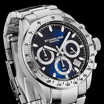 Stührling Original Mens Chronograph Watch Stainless Steel Bracelet with Screw Down Crown 100M Water Resistant Analog Dial Quartz Movement, Blue, Chronograph, Quartz Movement