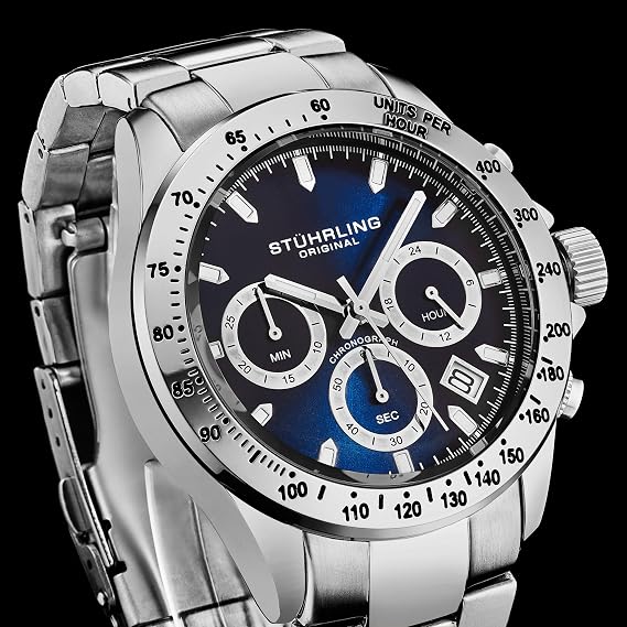 Stührling Original Mens Chronograph Watch Stainless Steel Bracelet with Screw Down Crown 100M Water Resistant Analog Dial Quartz Movement, Blue, Chronograph, Quartz Movement