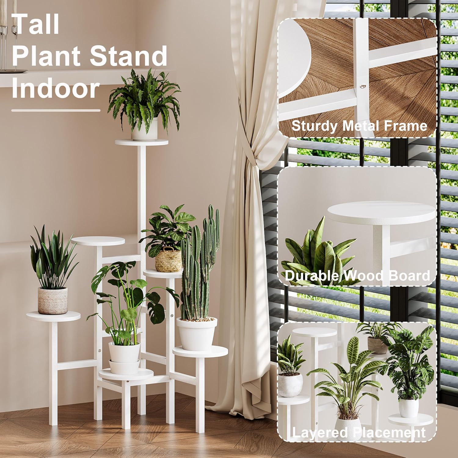 6 Tier Corner Plant Stand Indoor Outdoor, Tall Large Plant Shelf for Multiple Plants, Tiered Flower Pot Holder, Metal Display Plant Shelves for Living Room, Balcony, Patio, Garden(White)GPS514W