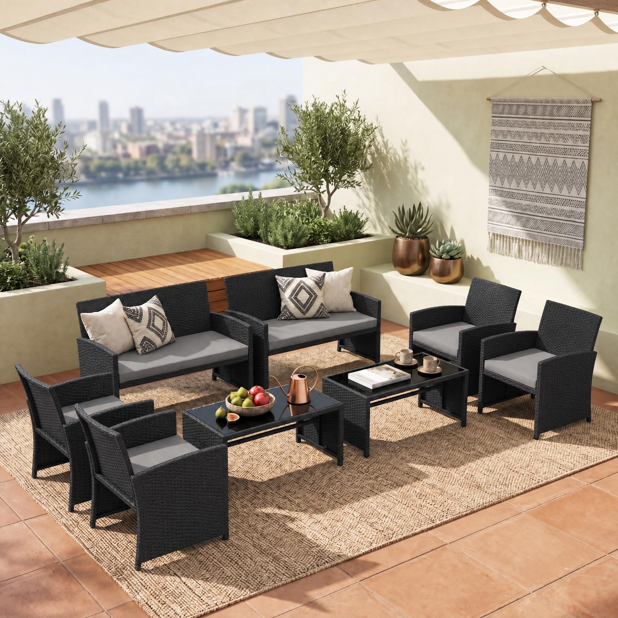 GIANTEX Conjunto de Muebles Ratán para Jardín, 4 Piezas, Sofá de 2 Plazas, 2 Sillones, Mesa de Centro con Tablero de Vidrio, para 4 Personas, Mesa y Sillas para Terraza, Patio (Negro+Gris)