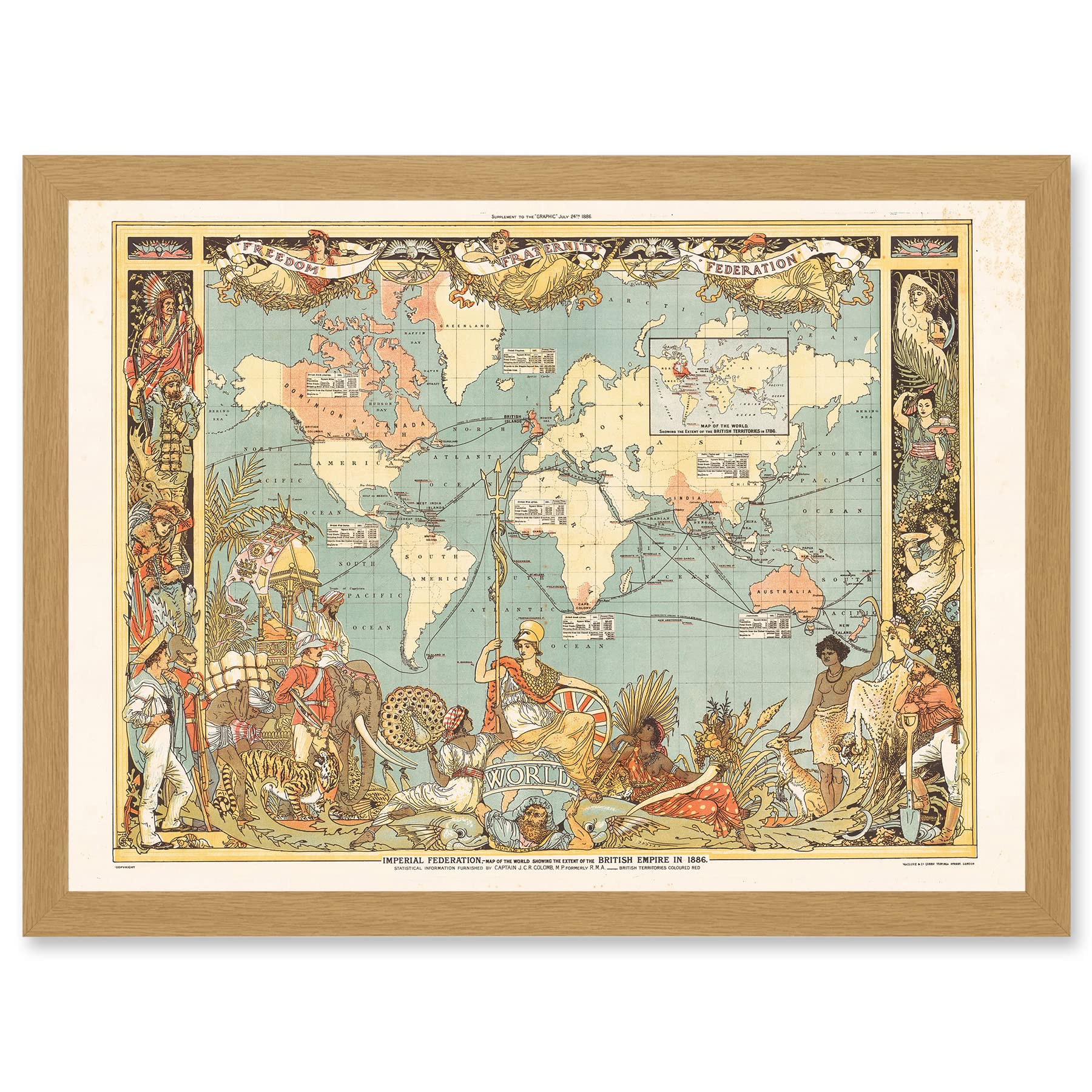 Artery8 Crane 1886 Pictorial Map British Empire World Colonial Brittania Artwork Framed Wall Art Print A4
