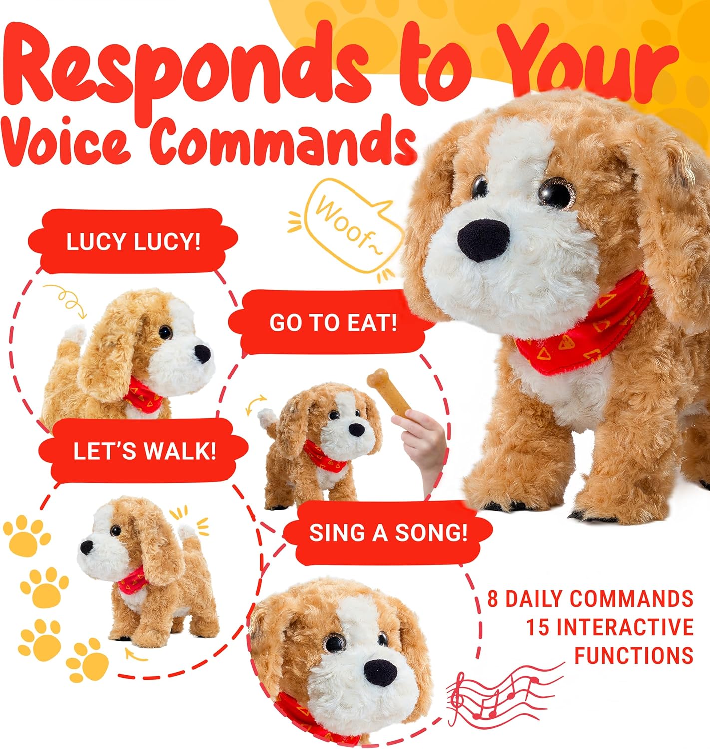JoyCat Interactive Plush Puppy for Kids 3-5, Talking Stuffed Dog with Simple Voice Prompts, Repeat-Back Recording, Head Touch Response, Short-Step Walking, Barking & Tail Wagging, Gift for Boys Girls