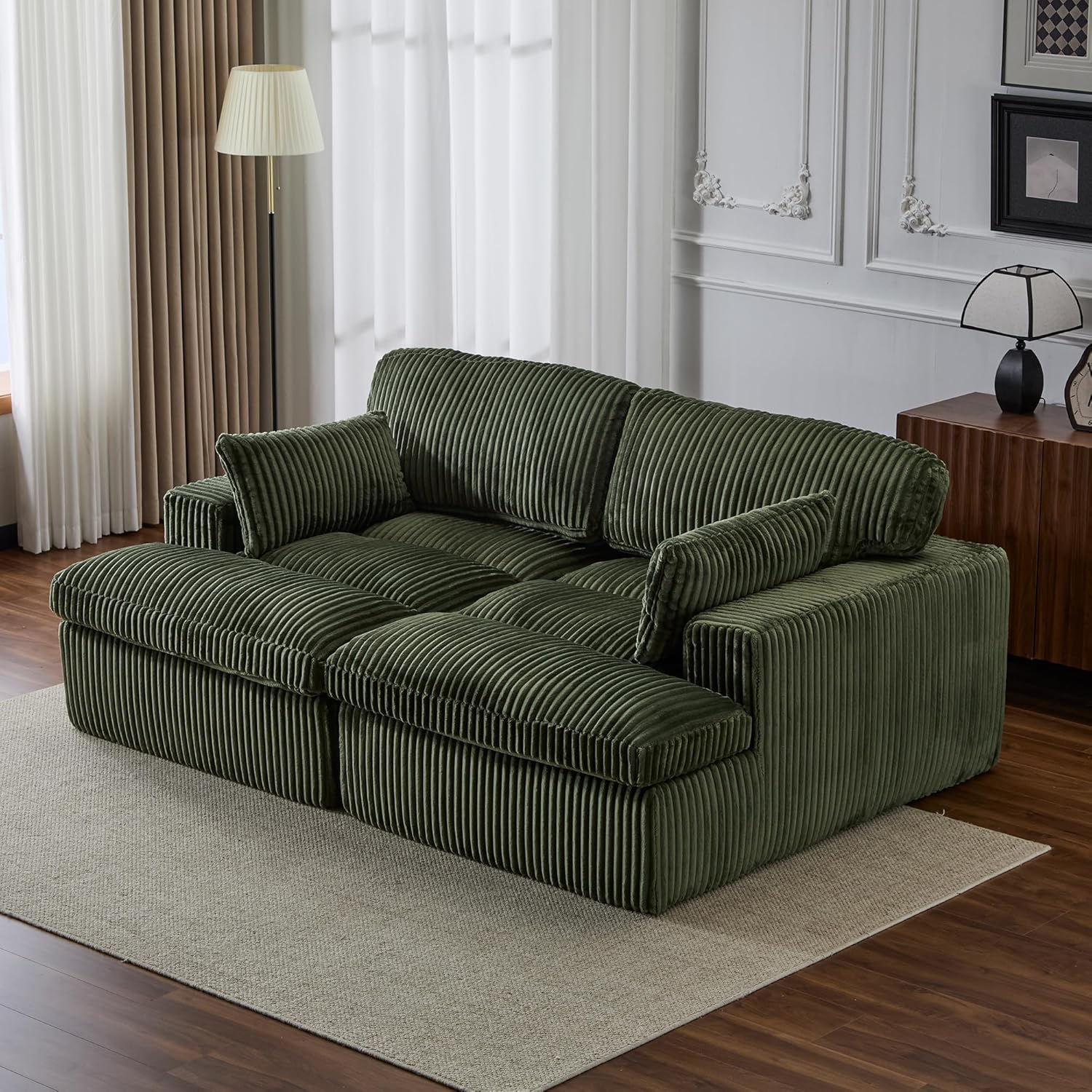 83" W Oversized Double Chaise Lounge Chair Indoor, Corduroy Upholstered Boneless Cloud Sofa Deep Seat for Living Room, No Assembly, Green