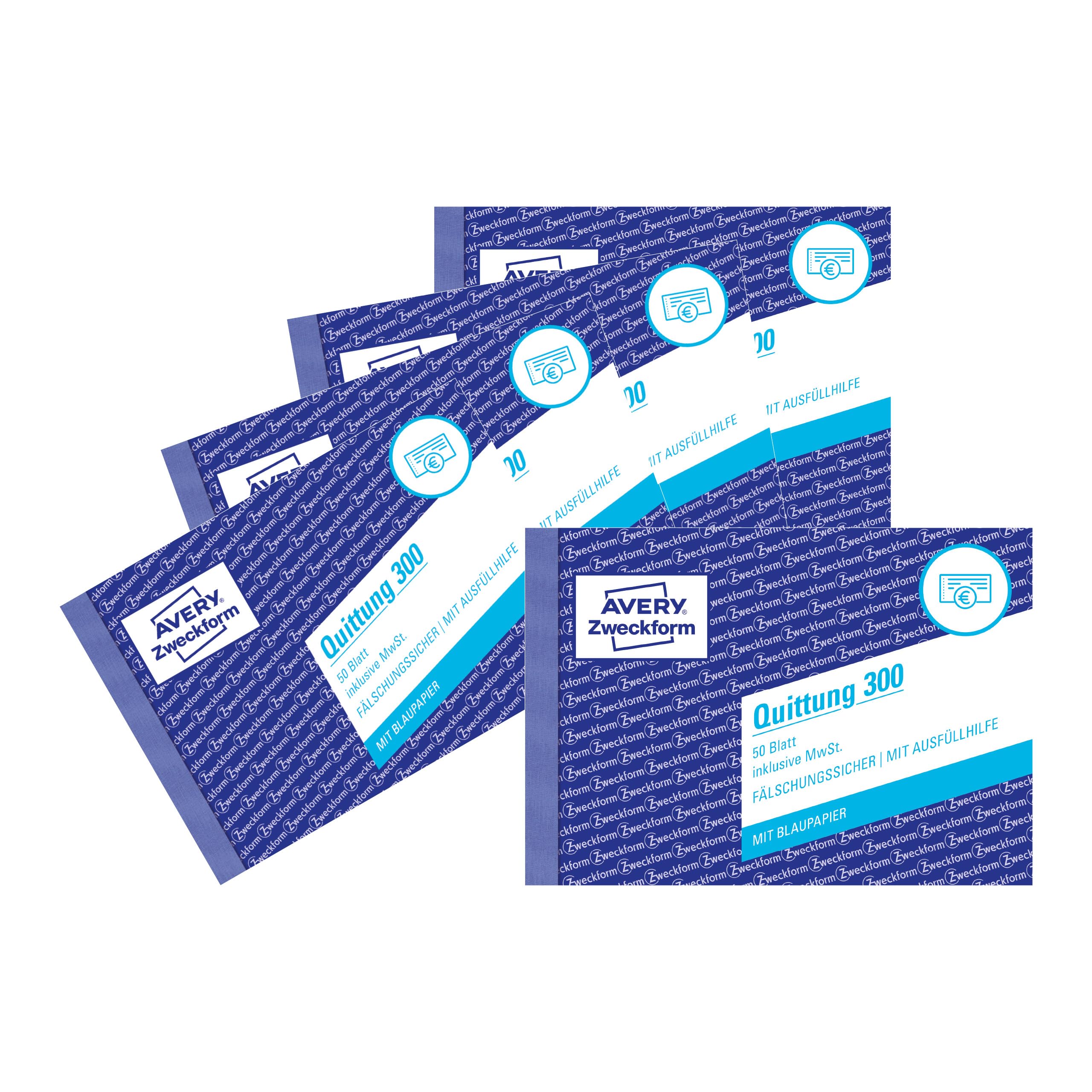 AVERY Zweckform 300-5 Quittungsblock (A6 quer, 50 Blatt, fälschungssicher, inkl. MwSt., mit 1 Blatt Blaupapier, für Deutschland und Österreich) 5er Pack weiß