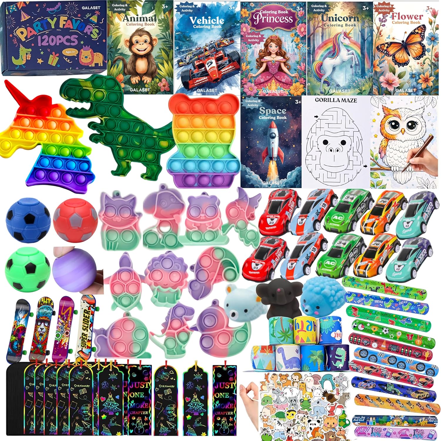 120-Pack Party Favors for Kids Ages 4-8, 8-12, Fidget Toys Bulk with Coloring Books, Treasure Box Prizes, Prizes for Kids Classroom, Road Trip Activities for Kid, Birthday Holiday Goodie Bags Stuffers