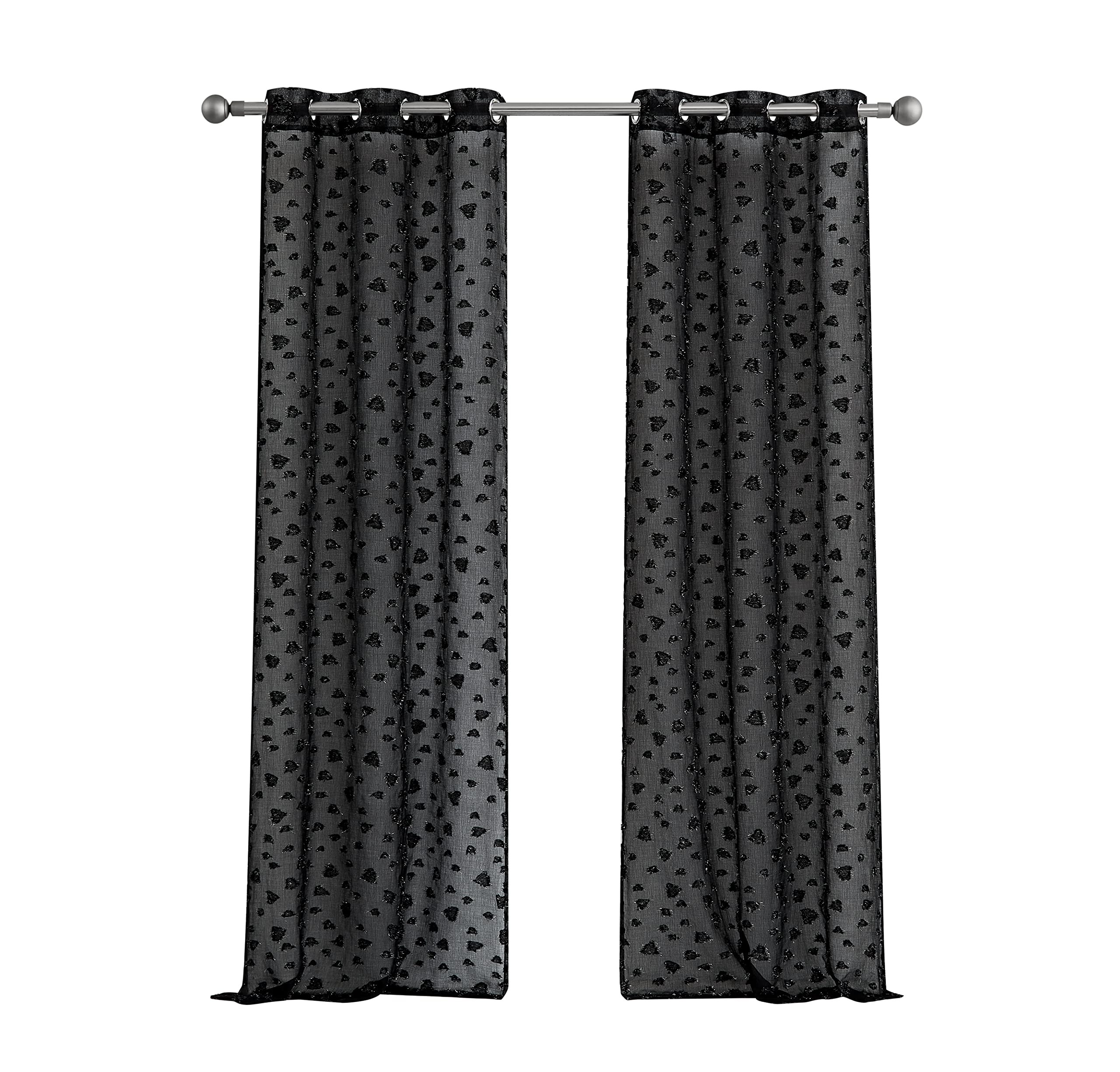 Juicy CoutureEthel Sheer Curtain Panels - Leopard Embellished Light Filtration Drapes - 2 Panel Set - Each of The Wide Curtains Measure 38in x 96in - Cute Pom Pom Design - Sheer Black