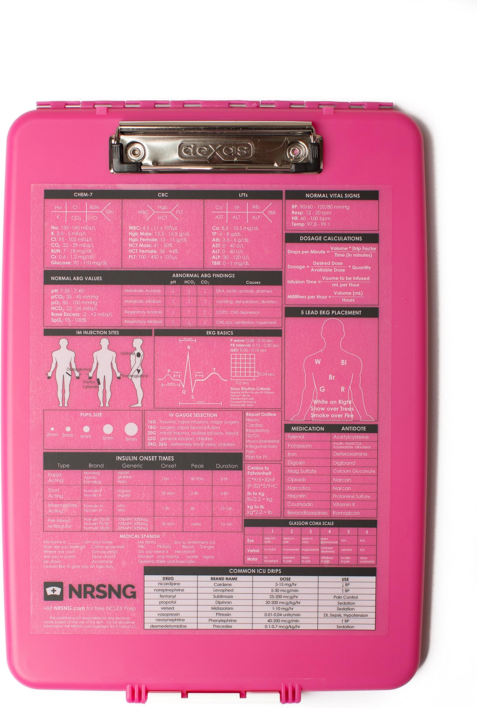 Pink Nursing Clipboard with Storage and Quick Medical Reference Guide Created by NRSNG for Student Nurses and Nurses (Pink)