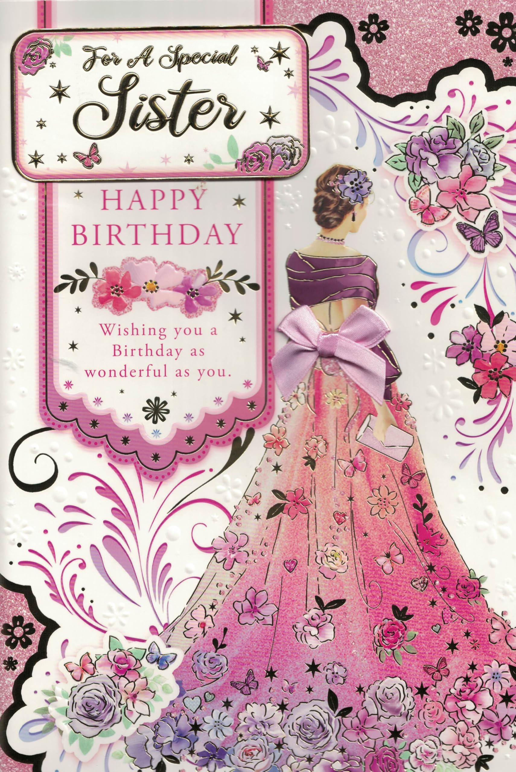 Luxury Large Birthday Card for Sister – 12 x 7.5 Inch Elegant Floral Design with Pink Ribbon & Bow Attached, 8 Page Insert, Special Sister Happy Birthday Card