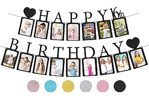 Black Sweet 16 Photo Banner with 16 Photo Card Frames Decorations