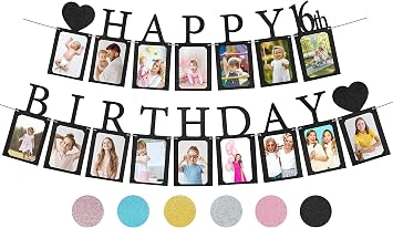 زينة عيد ميلاد حلوة 16 شعار صور باللون الأسود تم تجميعه مسبقًا - Sweet 16 Banner with Sixteen Photo Card Frames Party Supplies - زينة عيد ميلاد 16 سعيدة للفتيات مع 16 لافتة