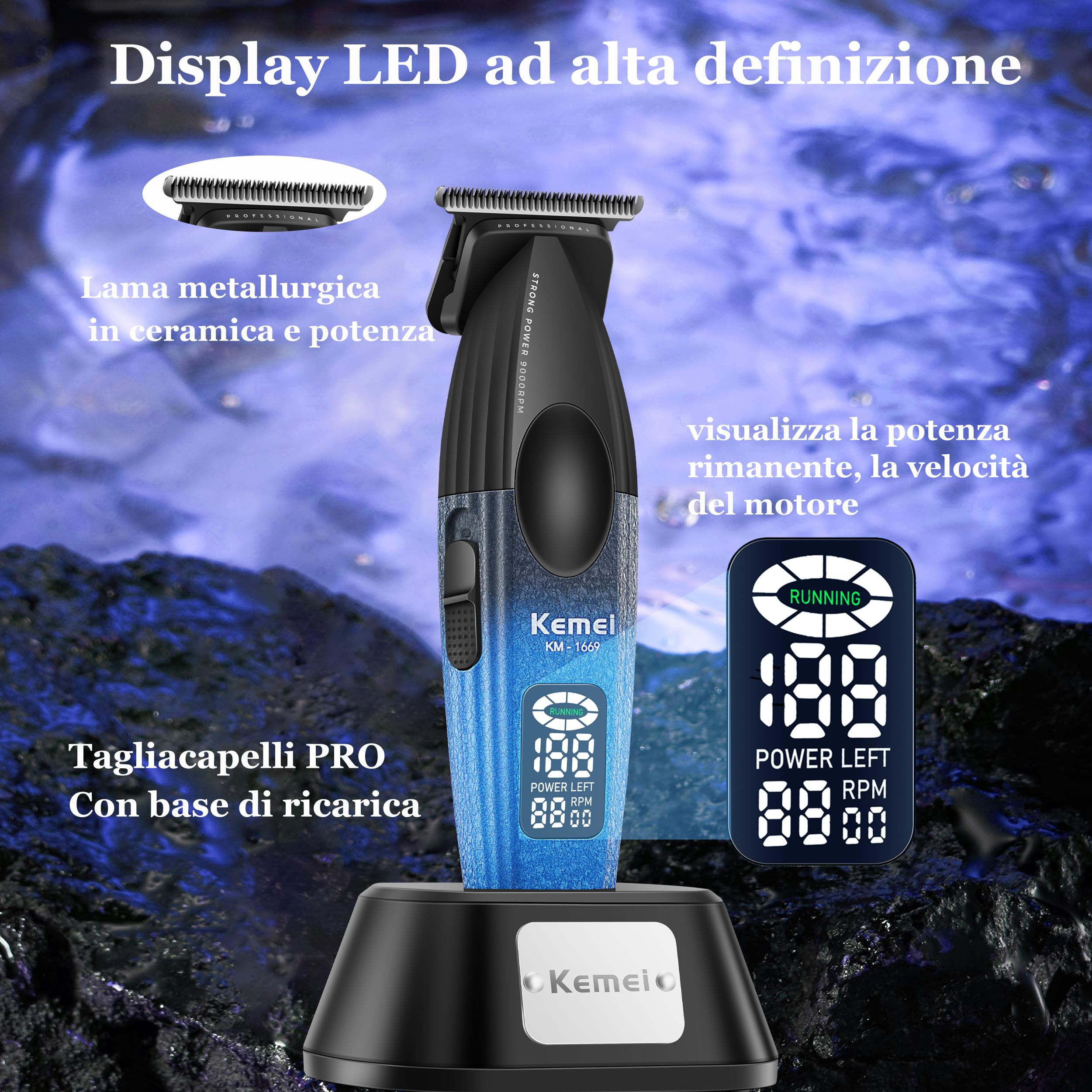 KEMEI 1669 - Regolabarba da uomo, senza fili, con display a LED, 9000 giri/min, per barbiere con base di ricarica, lama a T rivestita in DLC