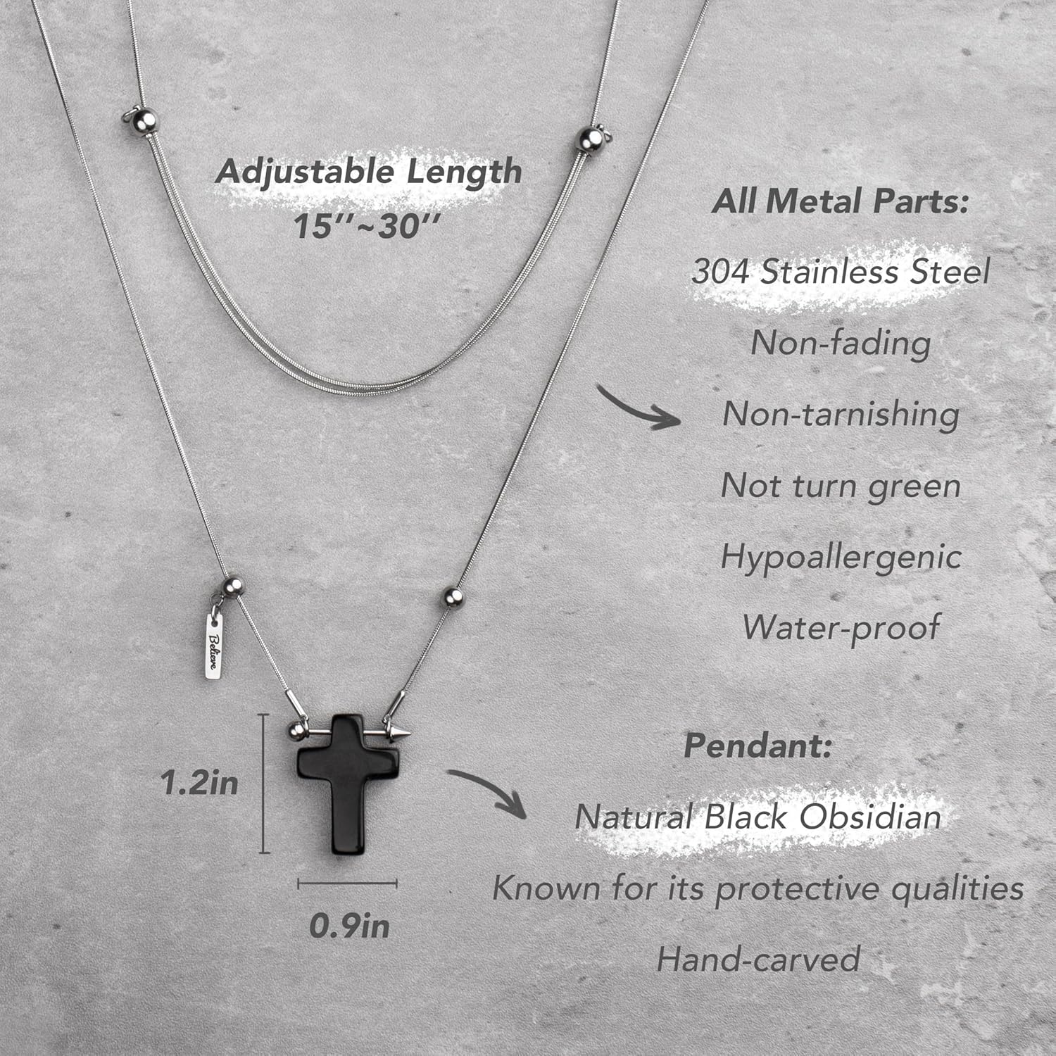 Black Obsidian Cross Necklace for Men Boys, Protection Crystal Crucifix Necklace, Adjustable 16~30 Inches Stainless Steel Pendant Chain for Men, Gifts for Christians - Image 2