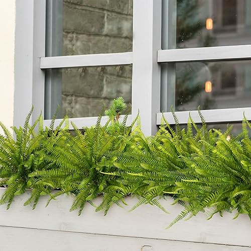 Miniatura 7 de Grand Verde Boston Fern - Plantas artificiales para exteriores de 19 pulgadas de tallo largo, arbustos grandes, vegetación sintética, hojas verdes,
